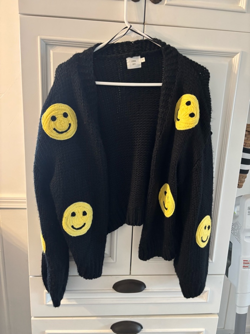 Black Smiley Patch Open-Front Cardigan Sweater